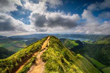 Panoramic landscape from Azores lagoons. The Azores archipelago has volcanic origin and the island of Sao Miguel has many lakes fand is the best travel destination of Portugal.
