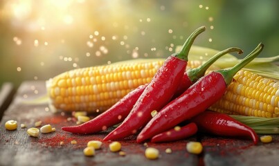 Vibrant red chili peppers and golden corn on a rustic wooden surface, representing bold flavors and fiery ingredients