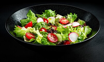Vibrant salad with fresh lettuce, cherry tomatoes, and thinly sliced radishes, topped with a drizzle of olive oil, styled in a black ceramic bowl.