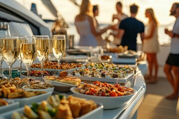 Buffet table setting on a sailing yacht with friends enjoying sunset drinks