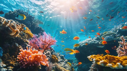 Obraz premium Sunlit Coral Reef with a Variety of Tropical Fish