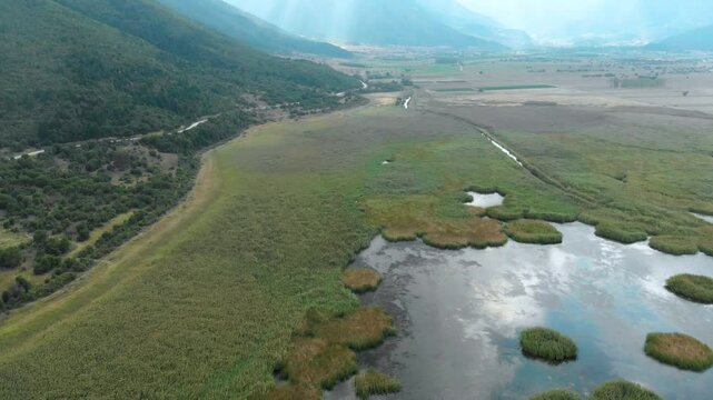 Aerial view of Stymphalia lake, located in the north-eastern part of the Peloponnese, in Corinthia, southern Greece, place where Hercules shot down the Stymfalian Birds according to the ancient myth.