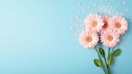 Obraz premium Pink Gerbera Daisies Bouquet Blue Background Hearts