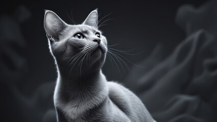 A sleek gray cat gazing upwards with bright eyes against a soft dark background