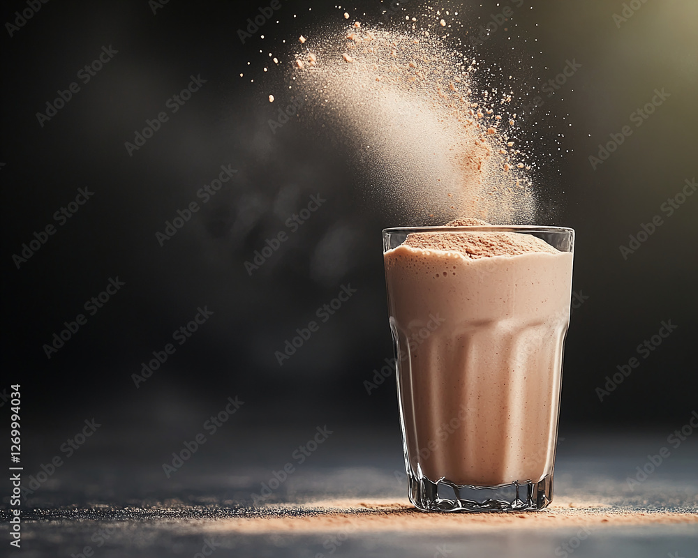 Poster glass of chocolate milkshake with powdered chocolate splashing from the top, creating a dynamic visu