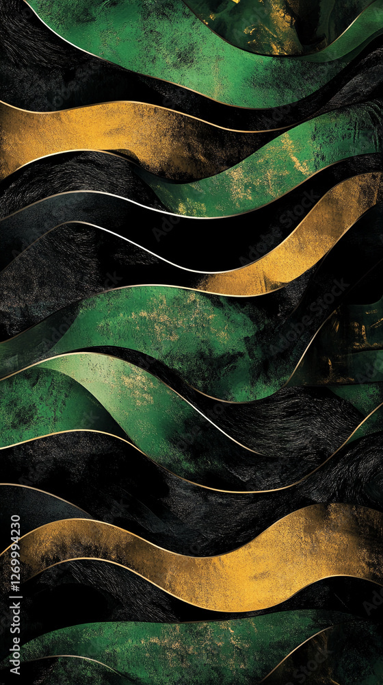 Poster abstract image of swirling green and black curves with golden accents, creating a sense of movement 