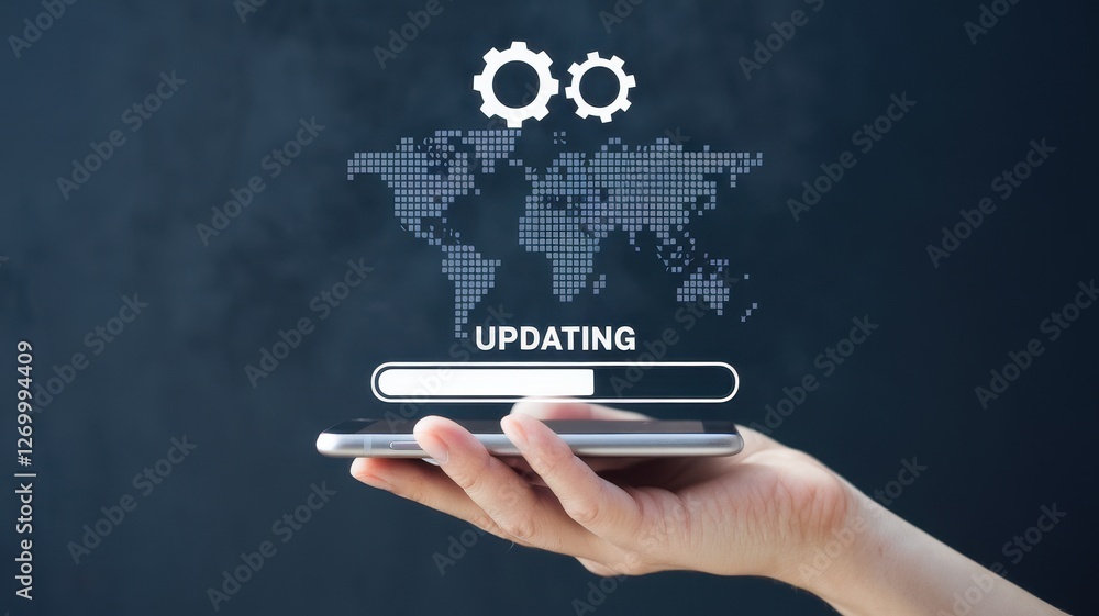 Poster hand holding phone updating globally with cogs above map