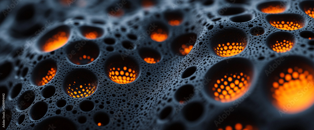 Fototapete Close-up of dark textured surface with glowing orange circular patterns. This image showcases an abstract representation of light, shadow, and texture in a striking modern design.