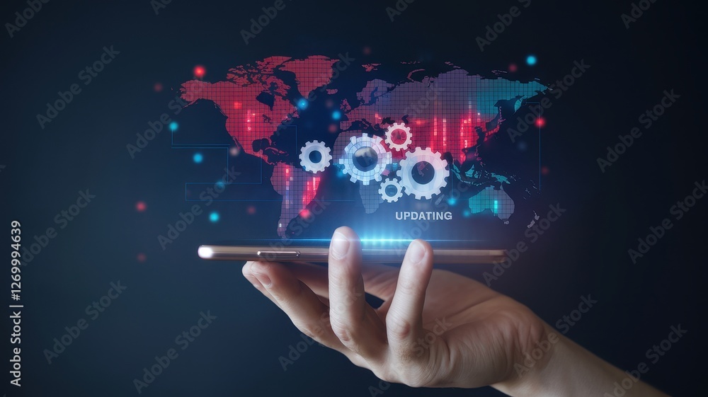 Poster hand holding phone showing software updating with world map