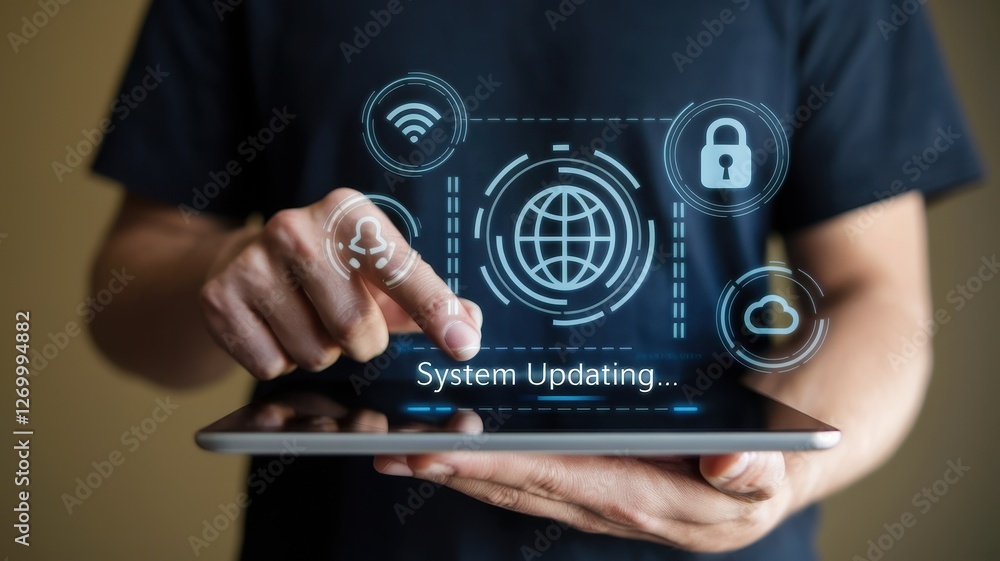 Poster Person uses tablet with system updating and digital interface