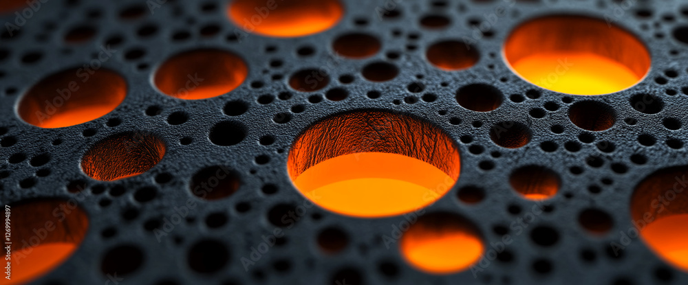 Poster close-up image of a textured surface featuring circular bubbles glowing with an orange light, creati