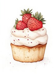 Delicious cupcake topped with fresh strawberries and creamy fros