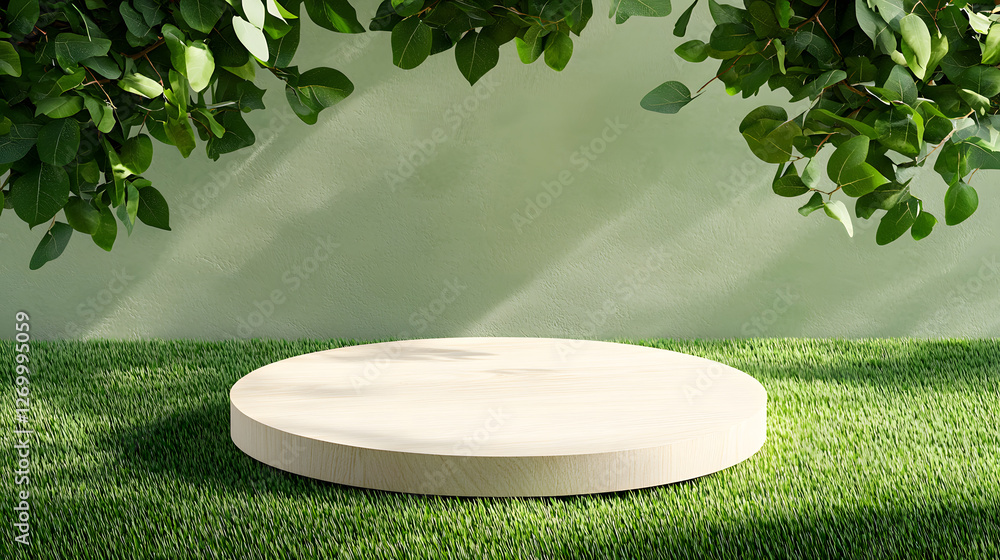 Poster minimalist display platform surrounded by greenery studio space 3d model calm environment low angle 