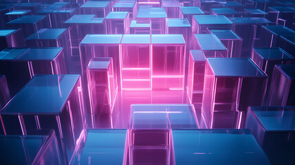 Fototapeta premium A floating 3d maze of glass walls illuminated by a soft neon light. Labyrinth of Liquid Light. Illustration