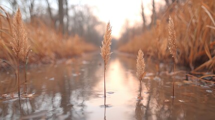 Obraz premium Dry golden reeds stand in a shallow forest stream during a warm autumn sunset.