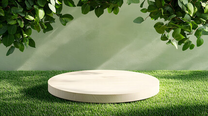 Minimalist display platform surrounded by greenery studio space 3d model calm environment low angle natural aesthetics