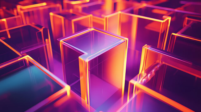 A floating 3d maze of glass walls illuminated by a soft neon light. Labyrinth of Liquid Light. Illustration