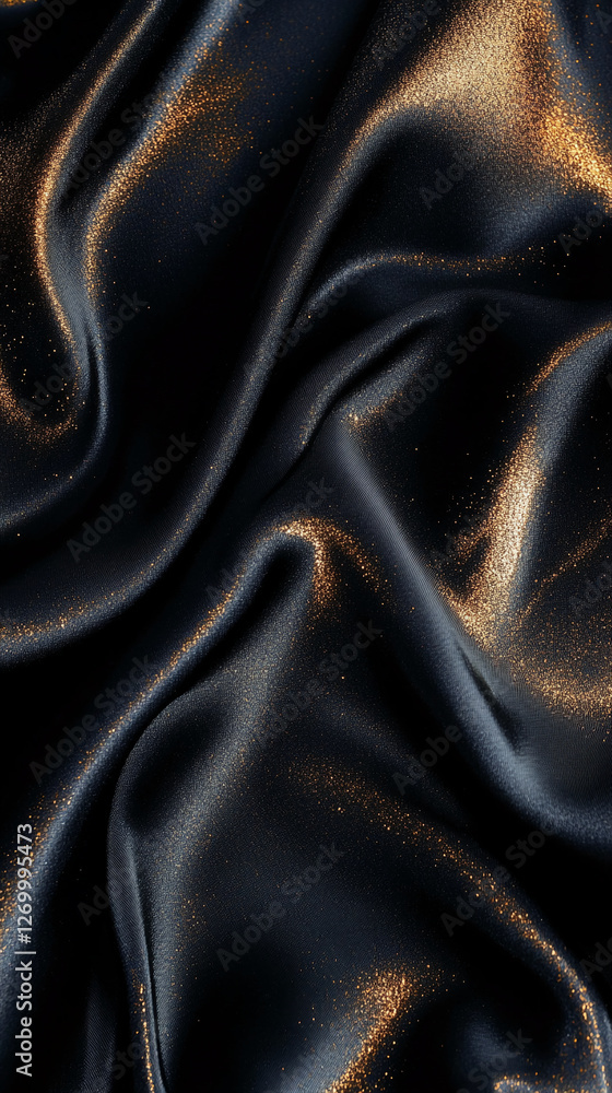 Aufkleber Close-up of black satin fabric with golden glitter particles scattered across it, creating an elegant and luxurious texture with smooth folds.