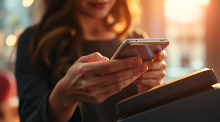 Close up shot of young woman paying contactless on a POS in a shop. She is using her phone.