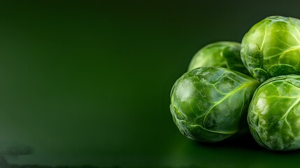 Fresh brussels sprouts on dark green background with water drops and copy space, macro view for food photography and healthy eating concepts.
