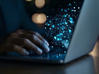 Male hands typing on laptop keyboard in dark room with glowing blue digital particles effect, representing cybersecurity and technology concept.