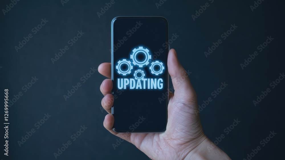 Aufkleber hand holds smartphone displaying updating process with neon gears
