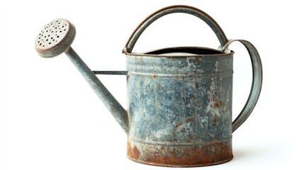 Weathered Gray Metal Watering Can on White