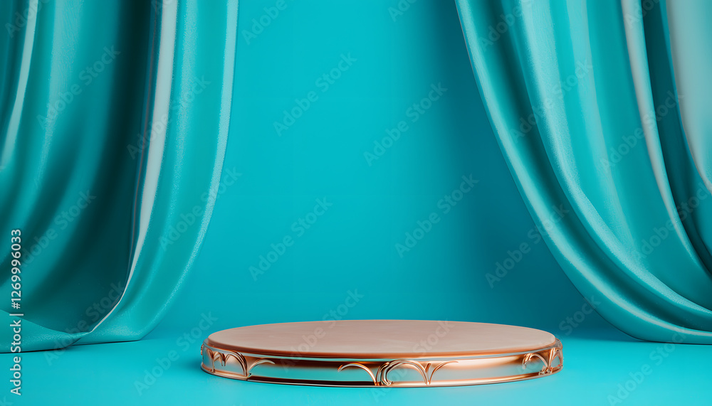Poster showcase display stage for products studio setup photography background elegant teal curtains center