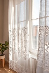 Sunlight filters through delicate lace curtains, illuminating co