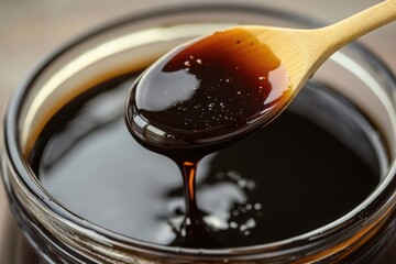 Wooden spoon drizzling thick molasses over an open jar.