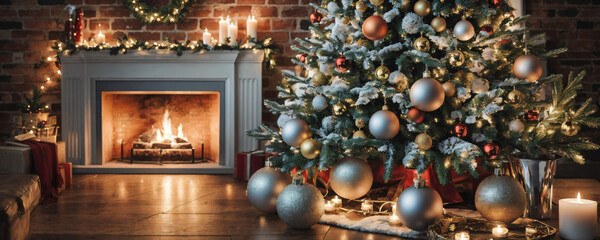 "Create a warm and festive atmosphere with this beautifully decorated Christmas scene featuring a glowing fireplace and an elegant holiday tree. Perfect for seasonal promotions, holiday cards, or cozy