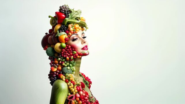 Woman made of fruits and vegetables in artistic composition. Surreal portrait symbolizing nature, healthy lifestyle, and organic nutrition with a vibrant and creative design.