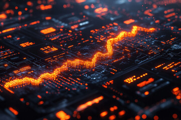 Obraz premium futuristic stock market visualization, a bright gold arrow curving upward, elegant business analytics displayed on a glossy black surface