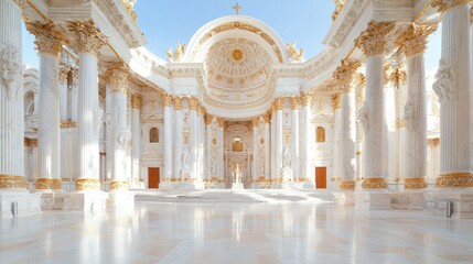 Fototapeta premium Majestic white marble palace interior with golden columns and a grand dome under bright daylight.