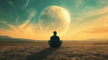 Person gazing at a large moon during sunset
