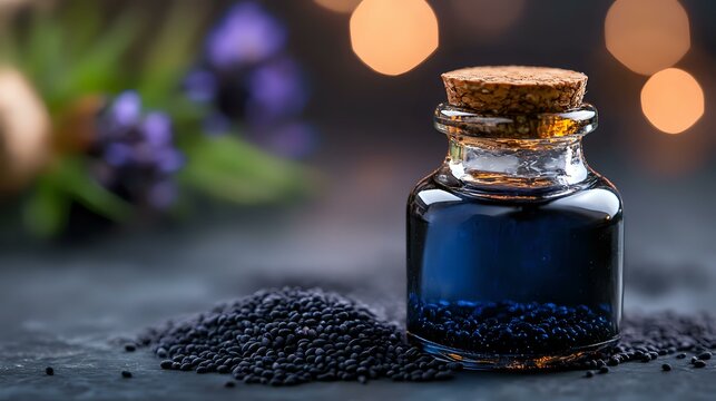 Black cumin seeds scattered around small glass bottle with nigella sativa oil on dark background with purple flowers and warm bokeh lights.