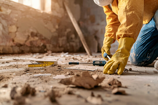 environmental team documenting asbestos damage, close-up of measuring tools