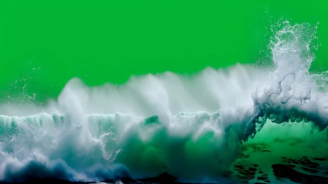 Ocean wave with green screen background. Powerful sea wave crashing against a surreal chroma key sky, ideal for creative video editing and visual effects.