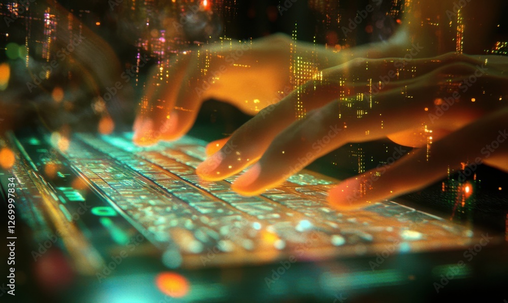 Poster close-up of hands typing on a futuristic holographic keyboard, bright digital elements floating abov