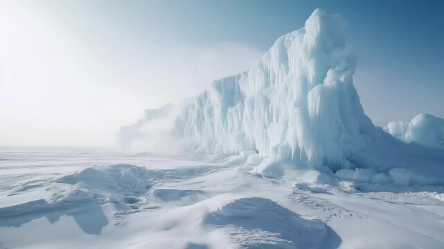 Massive ice formation in frozen landscape. Stunning icy cliffs in an Arctic environment, showcasing the beauty of extreme winter nature.