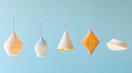 A blue background with six light fixtures hanging from the ceiling. The fixtures are all different shapes and sizes, but they all have a similar design. Scene is modern and sleek