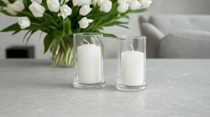 Fototapeta premium Two white pillar candles in glass holders stand on a grey table next to a bouquet of tulips in a bright living room.