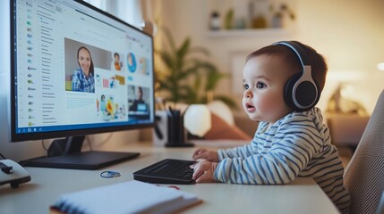 Baby in headphones at home office video call work cute AI generated