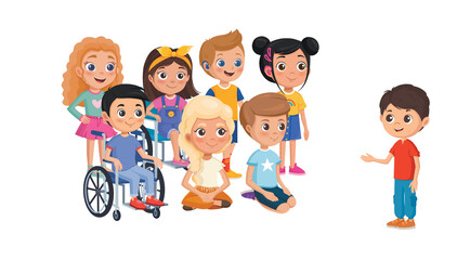 Group of funny kids with different special needs and features for Happy Childrens Day celebration isolated on white background.
