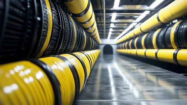 Industrial cables running through a high-tech facility, representing modern infrastructure.