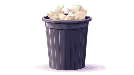 Black trash can full of crumpled paper is overflowing