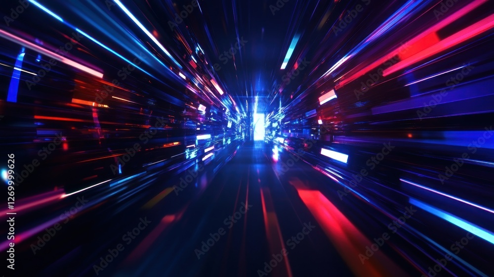 Poster futuristic neon light tunnel with data stream and sci-fi elements