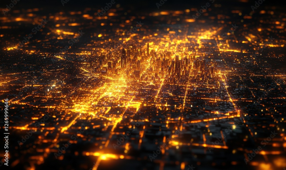 Poster dynamic aerial view of a glowing metropolis at night, with intricate street patterns and shimmering 