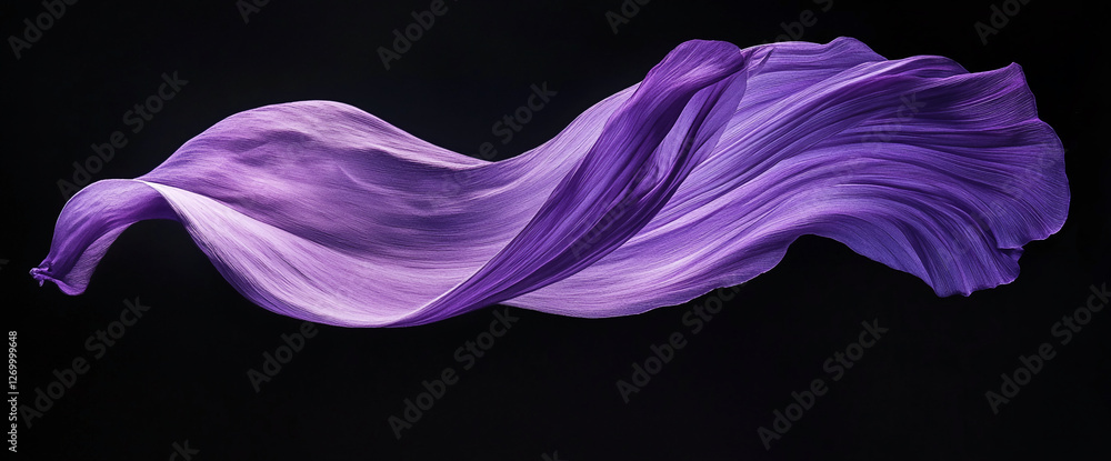 Poster a floating, purple fabric in mid-air with smooth, flowing curves and intricate texture, creating an 