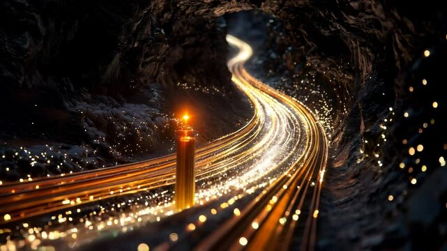Glowing data streams flowing through a dark tunnel. Symbolizing fast digital communication, futuristic networks, and the power of connectivity.